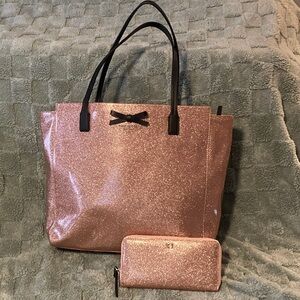 Kate Spade Mavis Glittery Pink Tote and Matching Wallet Set